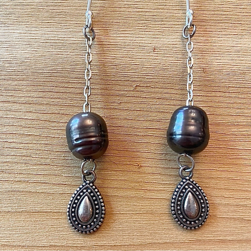 Earrings - Bronze Bead w/ Silver Chain - Antique Silver Teardrop Pendant - NWOT